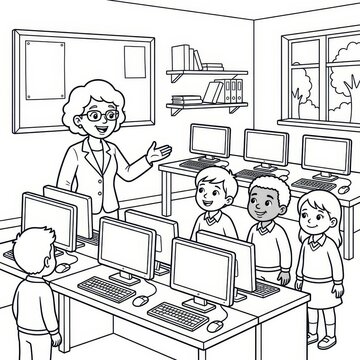 Computer lab classroom coloring page with teacher and students