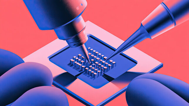 Futuristic tech development, hands assembling microchip with precision tools, vibrant background highlighting innovation.