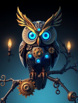 An intricate mechanical owl with brass gears and glowing blue crystal eyes, steampunk aesthetic, sitting on an ornate clockwork branch, highly detailed, octane render