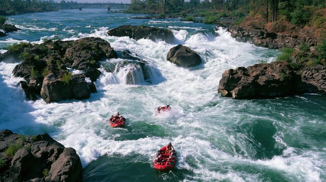 Rafting boats navigating through rushing white water rapids surrounded by large dark rocks and greenery