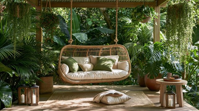 Rattan hanging swing sofa with green cushions on a wooden deck surrounded by dense tropical foliage and warm glowing lanterns at dusk