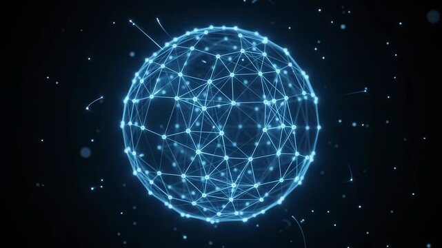 Abstract glowing blue particles exploding from center and forming futuristic network sphere in dark space, digital connection concept.