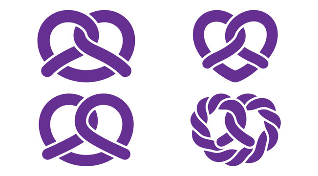 Four purple of various pretzel shapes, including traditional knots and heart-shaped pretzels, displayed on a clean white background