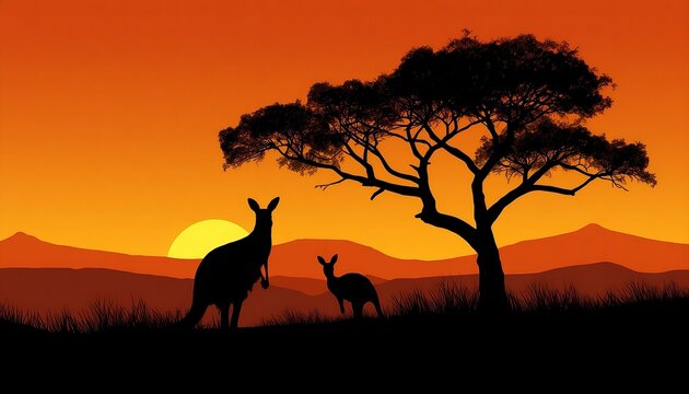 Australian Outback Landscape with Kangaroo Silhouettes