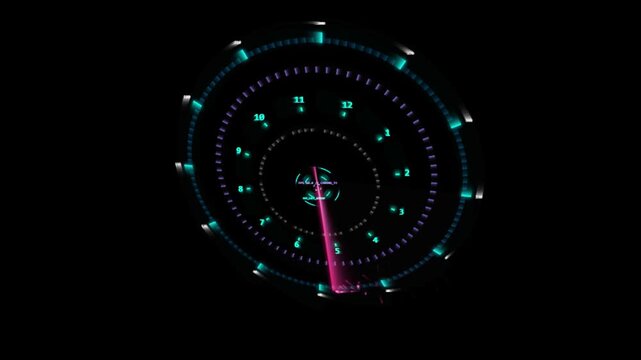 Futuristic digital circular interface with clock numbers and radar scan line