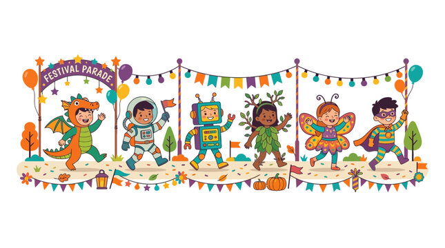 Children in costumes at a vibrant festival parade with colorful decorations