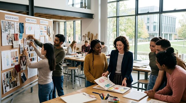 Diverse creative team collaborating on a design project in a modern office studio.