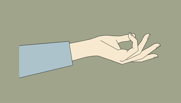 Human hand in a light blue sleeve showing a mudra gesture with fingers, isolated on a solid muted green background.
