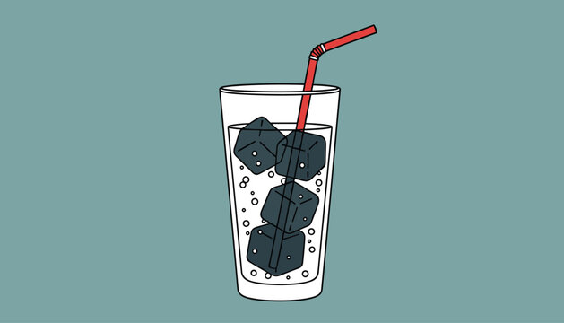 Glass of refreshing cold water filled with dark ice cubes and a red striped bendy straw on a solid blue background.