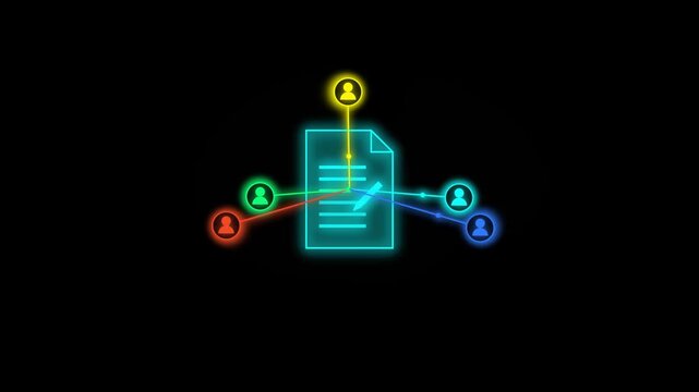 Glowing digital contract document connecting multiple user profile icons with data lines