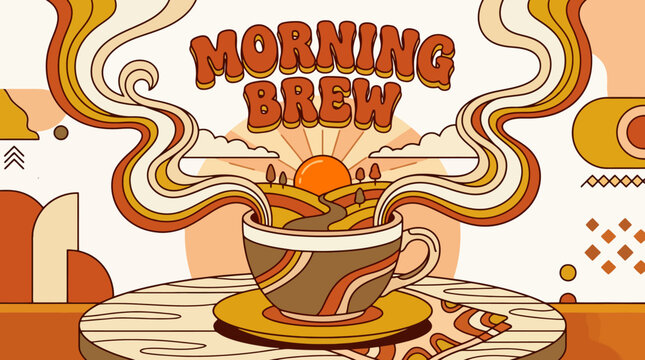Retro coffee cup illustration with warm sunrise landscape and steam