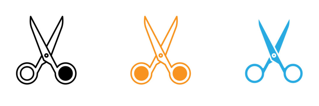 Three pairs of scissors in black orange and blue line art illustrations