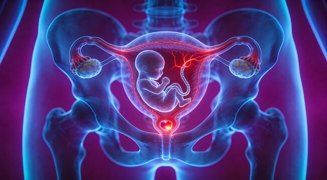 Uterine pregnancy visualization with fetus and blood flow 3D illustration