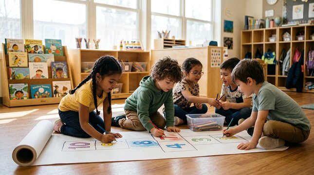 Group of diverse young children sitting on the floor drawing numbers on a large paper roll in a classroom.