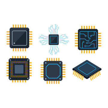 Collection of modern microchip and semiconductor processor designs with circuit traces, electronic components and computer hardware concepts for technology and engineering projects