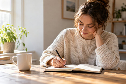 Woman journaling with coffee at a wooden desk in morning light

