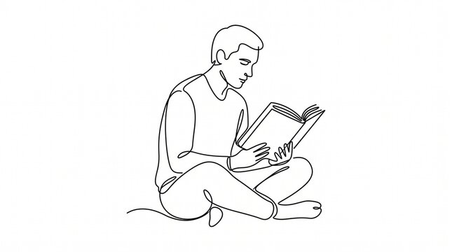 The Focused Reader: A continuous line drawing depicts a person sitting cross-legged, engrossed in reading a book, showcasing a moment of quiet contemplation and learning.