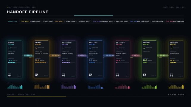 A dynamic visualization of multi-agent handoffs showcasing tasks moving seamlessly between specialized intelligent agents in a sleek, modern dashboard design.