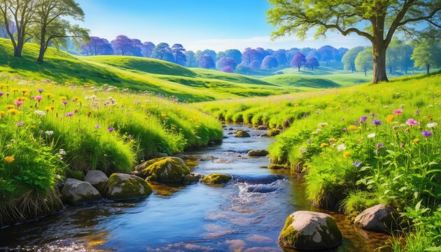 A serene landscape painting depicts a babbling brook winding through a vibrant meadow dotted with wildflowers.