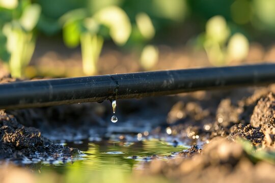 Drip irrigation pipe with water dripping onto soil