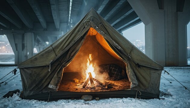 A tent with a campfire burns under a bridge in the snow.