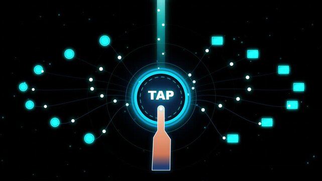 Hand pressing glowing tap button on futuristic interactive digital touchscreen interface