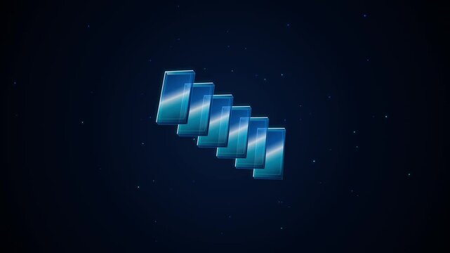 Blue glass bars ascending in sequence with subtle camera rotation against dark background