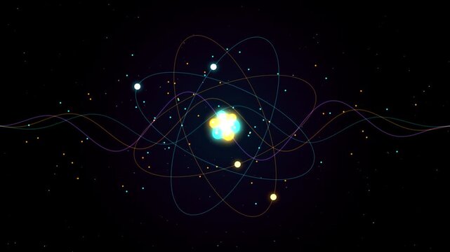 Glowing science atom particle core with colorful orbital rings and floating energy light particles