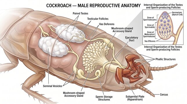 Detailed illustration of male cockroach reproductive anatomy showing internal organs and structures labeled