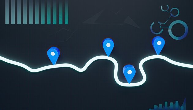 Digital map interface displaying navigation route with location pins and data charts.