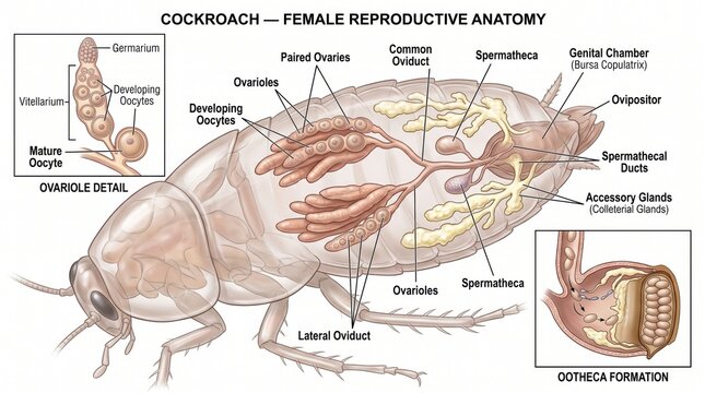 Detailed diagram of female cockroach reproductive anatomy with labeled organs