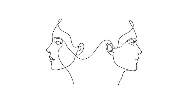 Connected Minds: A minimalist illustration depicts two profile faces drawn with a single continuous line, their thoughts or energy seemingly intertwined, representing connection and communication.