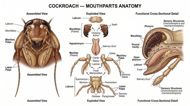 Detailed scientific illustration of cockroach mouthpart anatomy in assembled and exploded views