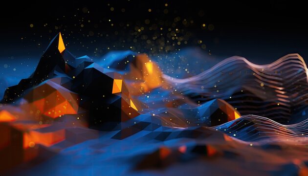 Abstract digital landscape with glowing geometric forms and particles.