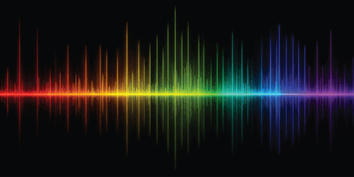 Rainbow sound wave equalizer visualization on black background with audio wave music visualization digital sound rainbow colors glowing lights audio technology graphic equalizer
