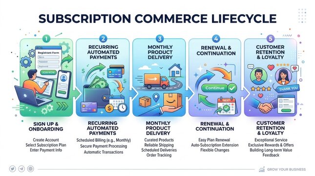 Subscription commerce lifecycle infographic showing five steps from sign up and onboarding to customer retention and loyalty programs