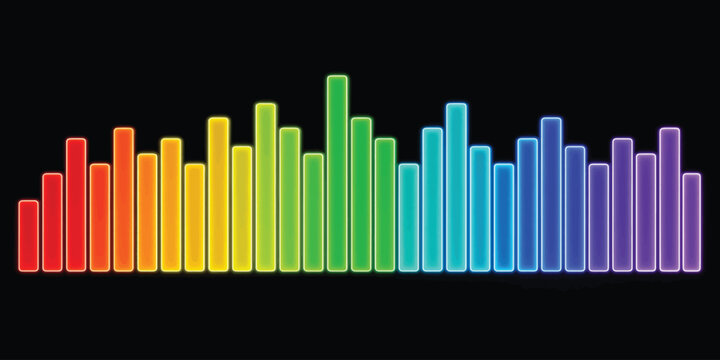 Rainbow bar graph equalizer display on black background with audio bars sound levels spectrum analyzer rainbow colors audio visualizer music frequency digital signal sound output abstract