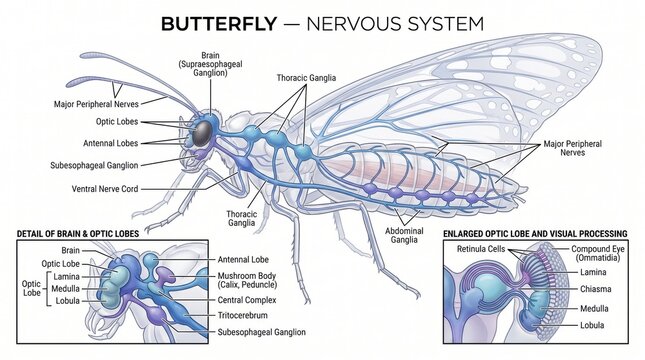 Detailed diagram of butterfly nervous system anatomy and visual processing