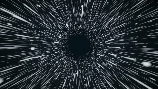 High-speed space warp tunnel with glowing white light streaks and star trails moving outward