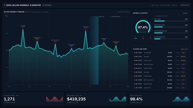 4k legal billing anomaly ai monitor dashboard interface tracking financial data, for risk management, fraud detection, compliance analysis, business intelligence