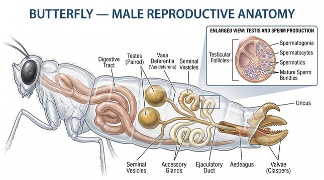 Detailed anatomical illustration of a male butterflys reproductive system and digestive tract