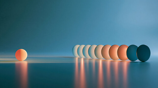 Orange ball resting against a row of tall teal gauge plates of increasing height, in a clean modern style