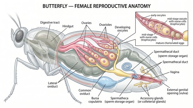 Diagram illustrating the female reproductive anatomy of a butterfly with detailed labels