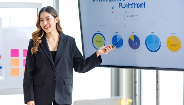 Asian Businesswoman Presenting Financial Data Charts on Digital Display Screen in Office