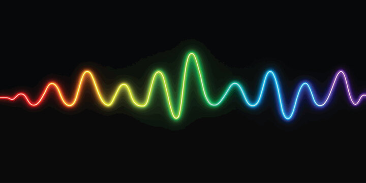 Rainbow colored sinewave digital audio frequency on black background with sound wave sine wave rainbow colors digital signal audio visualization neon lines abstract background technology