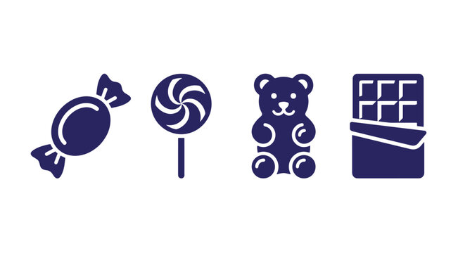 Collection of dark blue candy featuring a wrapped hard candy, a spiral lollipop, a gummy bear, and a chocolate bar on white background