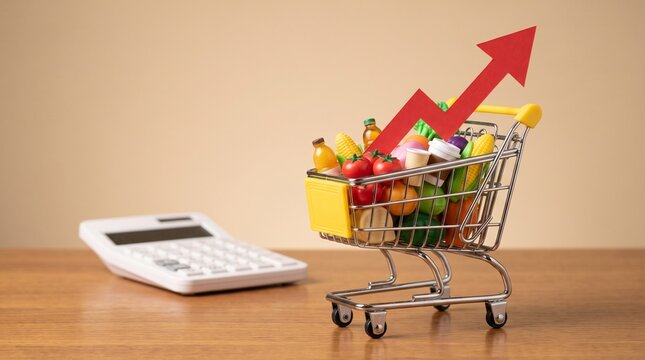 Shopping cart with groceries, calculator, and rising red arrow symbol on wooden table, representing inflation, rising food costs, consumer price index, and grocery budget concepts.
