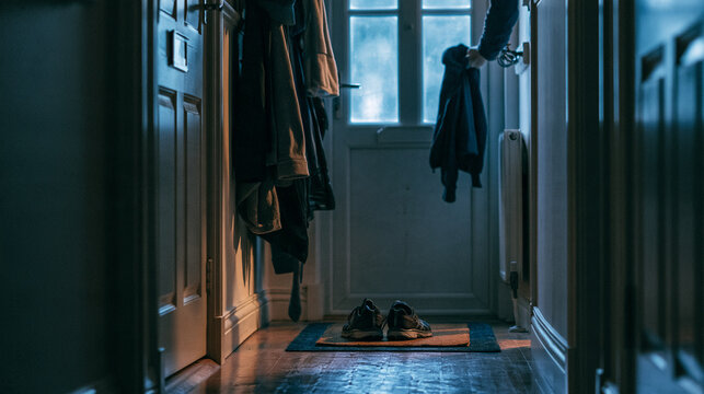 Narrow hallway at dawn with coats on hooks and running shoes by an open back door, in a calm cinematic mood