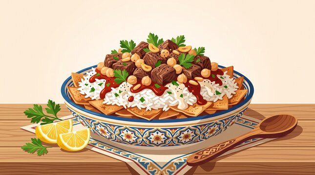 An illustrated bowl of traditional Egyptian fattah layered with crispy flatbread, rice, meat chunks, tomato sauce, and chickpeas, garnished with herbs and lemon.   