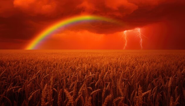 A dramatic stormy sky with lightning and a rainbow over a wheat field.